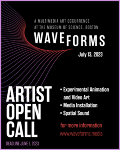 Waveforms artist open call poster with purple and red wavy lines on the left side and most information on the right side.