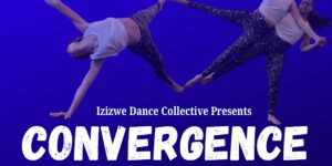 "Convergence" written over blue-filtered photo of dancers in counterbalance and doing floorwork.