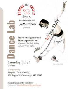 Dance Lab poster with a mostly white background and an image of Joe Daly bending upper body sideways towards the right leg that is extended to the side while the left knee is bent.