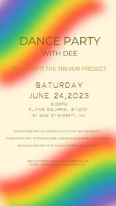 Dance Party poster with rainbow stripes on upper left and bottom right corners.