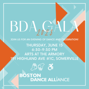 BDA Gala invitation with event information displayed in white font over a light blue background with orange, coral and teal triangles on either side.
