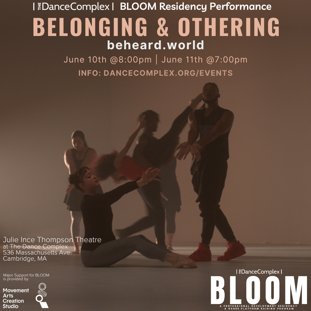 Belonging & othering poster with performance photo of company dancing in a variety of different shapes and relationships.