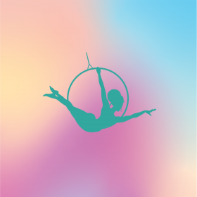 Illustration of aerialist on a lyra over a blurred pastel colorful background.