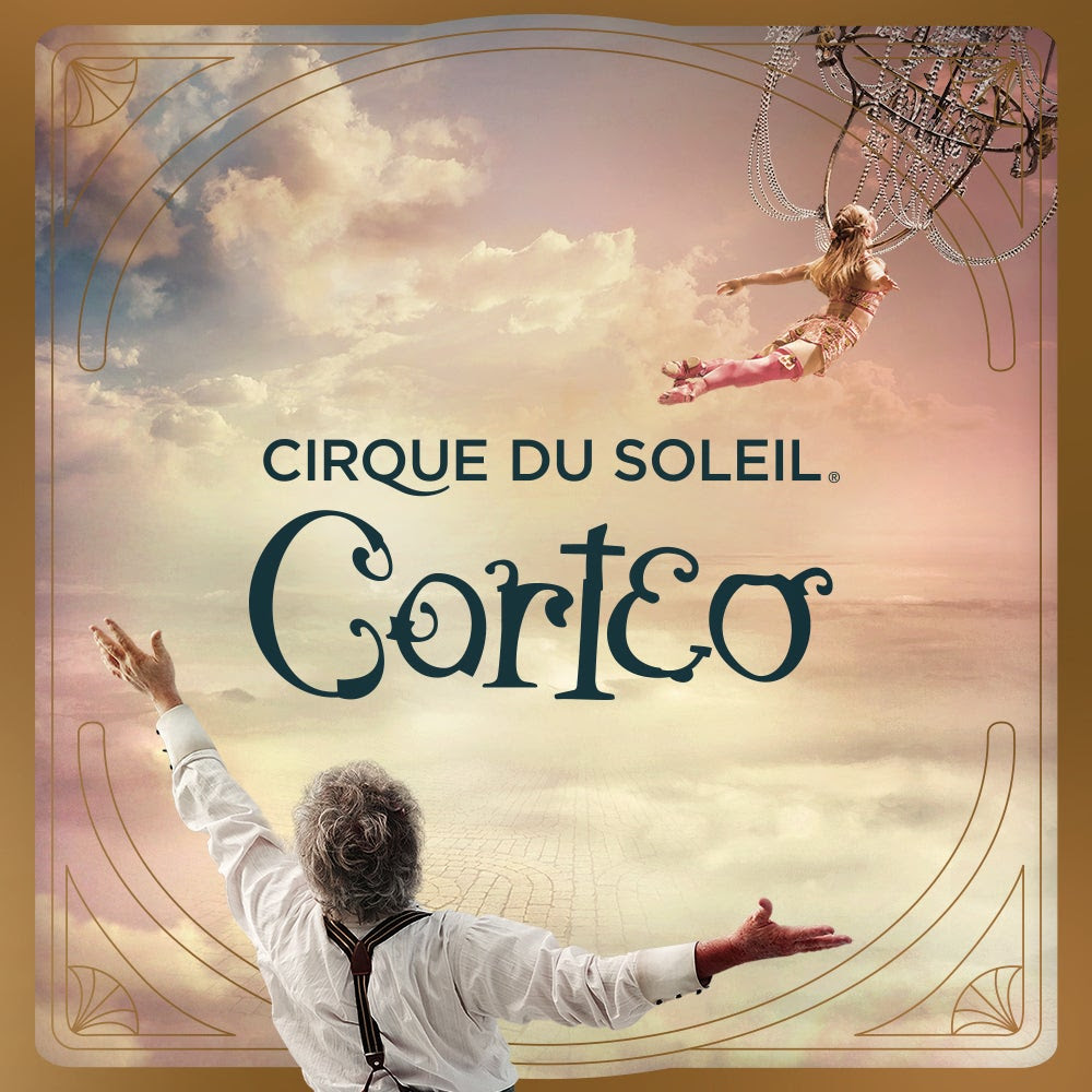 Corteo poster with a performer hanging from a chandelier and another opening arms towards the back.