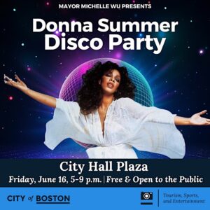 Donna Summer Disco Party poster with photo of donna summer in white dress and arms open with a large disco ball in the background.
