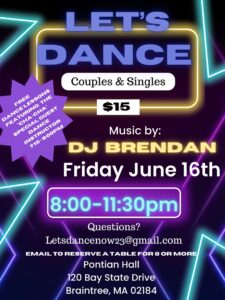 Let's Dance poster with neon lights as a background for event information.