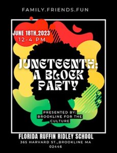 Juneteenth block party poster with event information over illustration of silhouetted afro over red, yellow and green splats of paint.