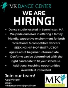MK Dance Center call for hip hop instructor.