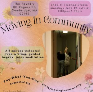 Moving in community poster with colorful pastel information bubbles and a photo of two dancers holding hands and reaching arms up in a narrow hallway.