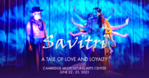 Savitri poster with event information displayed over a photo of a performance in which dancers are lined up behind each other moving arms at different heights.