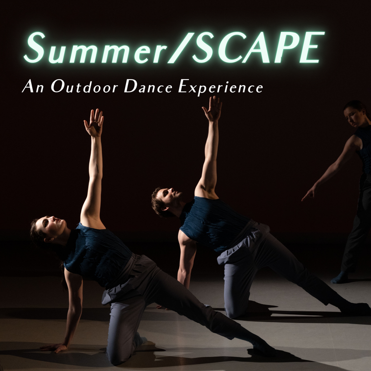 Summer/SCAPE poster with two dancers in performance and matching costumes reaching one arm up while the other touches the floor as well as one knee and an extended leg.