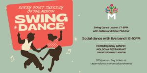 Swing dance poster with event information on the right and an illustration of two people dancing together on the left.