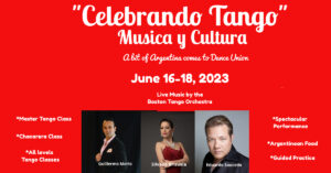 Red poster with "Celebrando Tango" information and headshots of three master teachers.