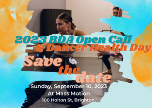 Open Call and Dancer Health Day save the date with cropped photo of dancer at previous audition on one knee and twisting upper body towards extended leg.