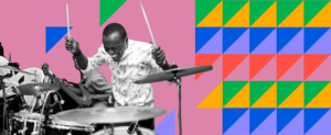 Black and white photo of drummer with a full drum set overlayed on a colorful background.