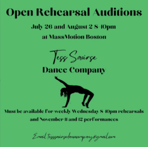 Green background and information for open rehearsal auditions in black with small illustration of silhouetted dancer in a back bend.