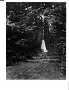 Black and white photo of rocky stairway in the woods with someone in a long white dress at the top.