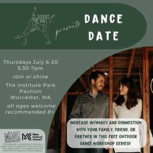 Dance Date poster with event information displayed on the left side and a photo of Kristin Wagner and Toni Guglietti looking at each other smiling.