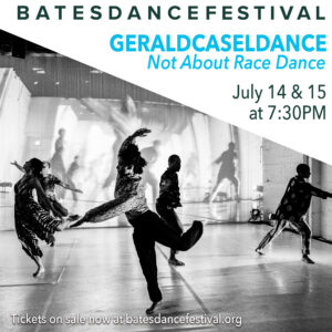 Geraldcaseldance poster with black and white photo of company performing with projection on the background.