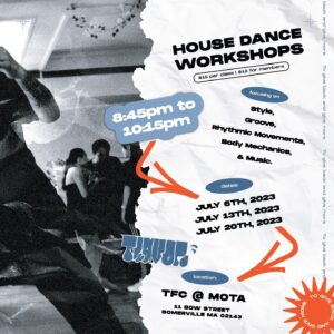 House Dance Workshops poster with event information over a background that resembles ripped and crinkled paper over a black and white photo.
