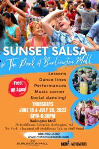 Sunset Salsa poster with orange background and photos of people dancing salsa together.