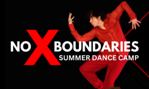 No Boundaries poster with red X and a dancer in all red creating a geometric shape with arms and legs.