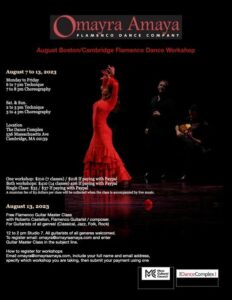 Dark poster with image of flamenco dancer in red dress and musicians in the background.