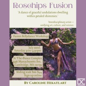 Rosehips Fusion poster with lilac background and photo of dancer in purple costume over a floral background.