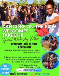 Dancing on the Row poster with neon green background and images of many people dancing latin social dances.