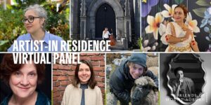 Collage of seven photos of artists in residence at Mount Auburn.