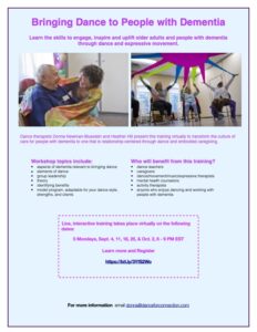 Flyer with two photos of older adults and people with dementia practicing dance activities and all the workshop information below.