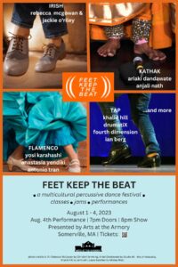 "Feet keep the beat" poster with four images of dancers feet from different genres and event information.