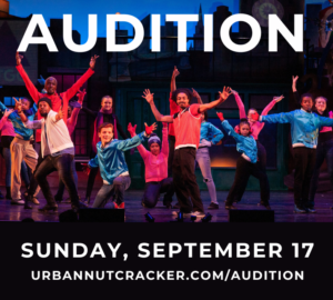 Audition poster with ensemble photo on stage in colorful jackets.