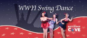 Three pin-up dancers hinged forward and with one hand on waist, one hand blowing a kiss, in front of the swing dance banner.