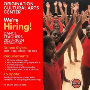 Hiring poster with job information on the left over a red background and a photo on the left with many young dancers reaching arms up.