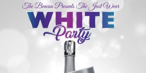 Just Wear White Party poster with event name in purple and blue over white background and a photo of a microphone.