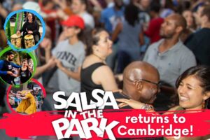 Salsa in the Park poster with background photo of many people dancing together.