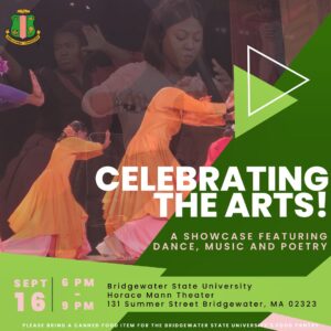 Celebrat8ing the arts poster with photos of performances overlapping each other and event info displayed on the bottom over green background.
