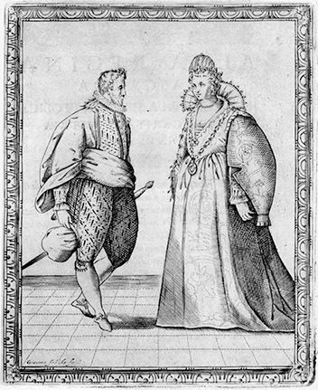 engraving of a couple wearing Italian court dress ca. 1580 . Dancers are turned toward one another in preparation for a bow. Man holds hat in right hand