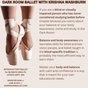 Photo of ballerina's feet on pointe on the left, event information on the right.