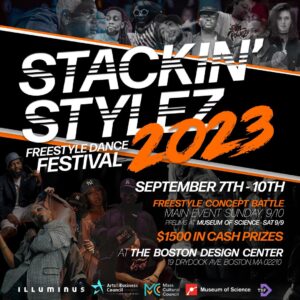 Stackin' Stylez Festival poster with collage of photos of artists as a background for event information in white and orange.