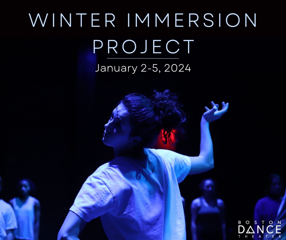 A 2023 SIP Participant, stands in blue lighting with their right lifted towards the back of the room. Text reads 'WINTER IMMERSION PROJECT - January 2-5, 2024'