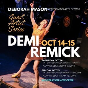 Photo of Demi Remick extending one leg to the side and reaching arms up on opposite diagonal.