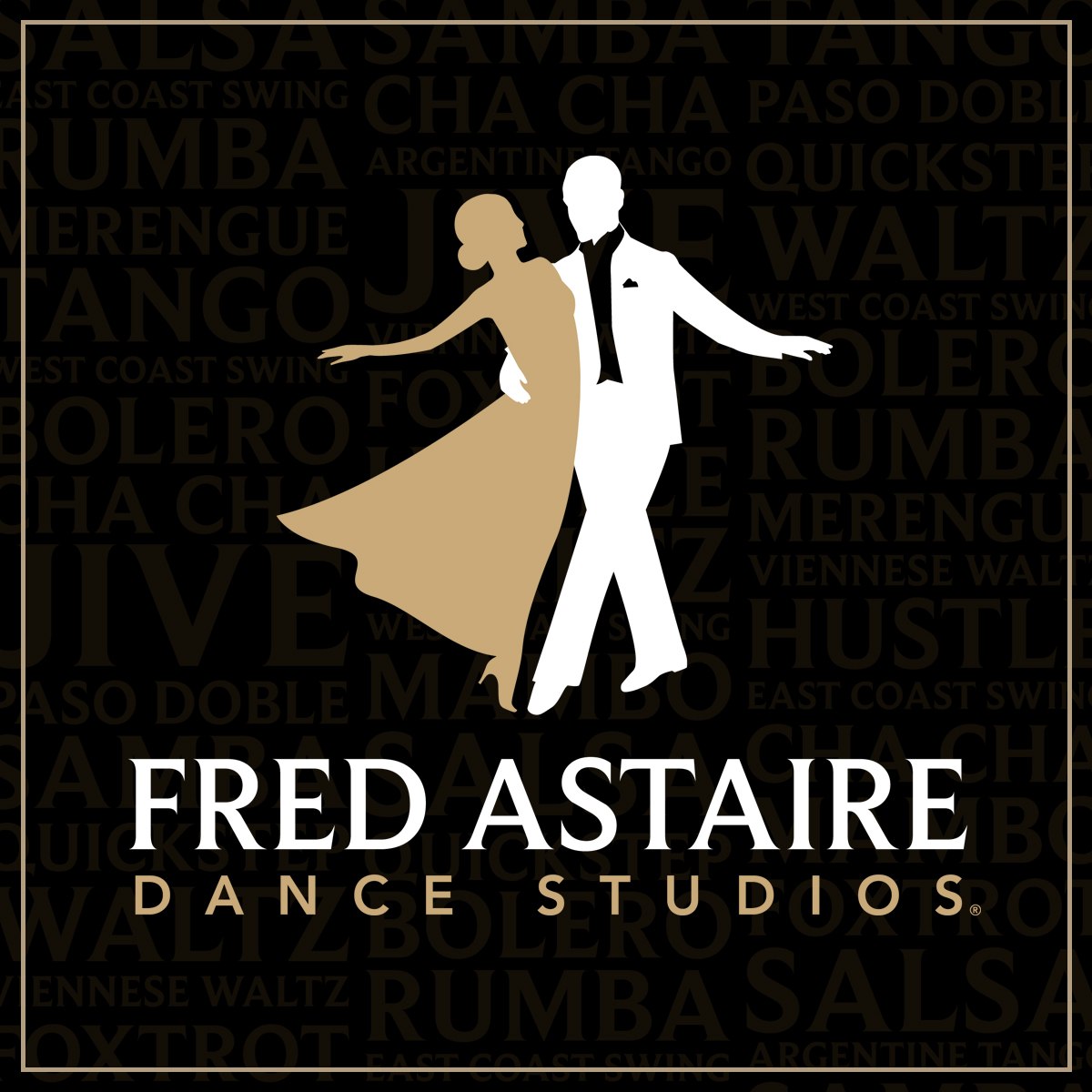 Fred Astaire Dance Studios Logo with white and gold silhouette of two dancers in a moving embrace
