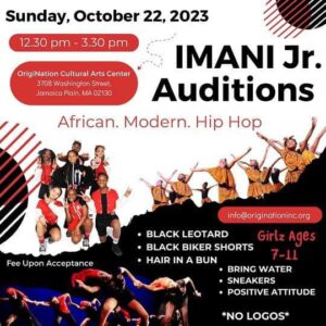 Imani Jr. Auditions poster with audition information and photos of the group in varied performances.