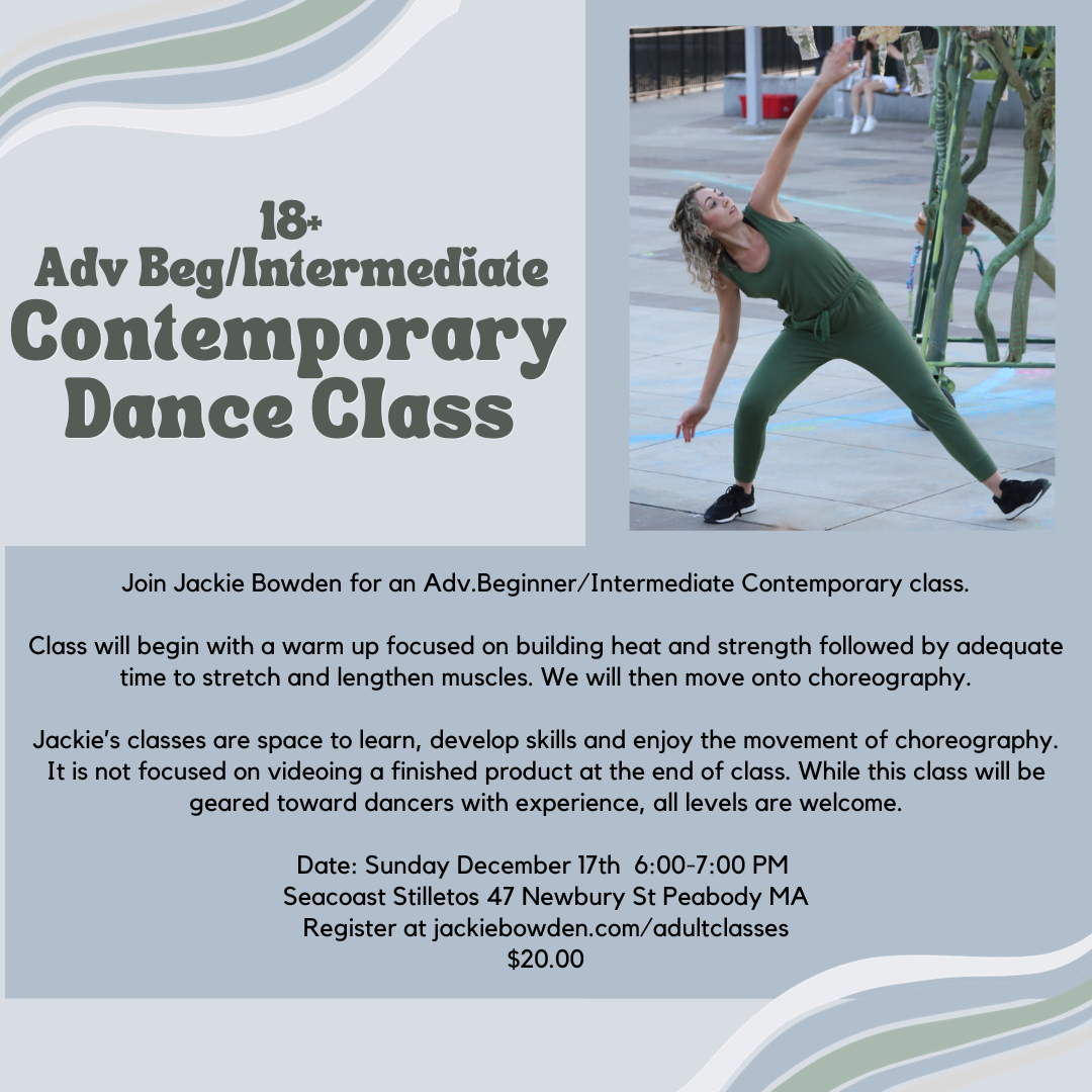 Contemporary dance class poster with photo of dancer hinging sideways in a lunge