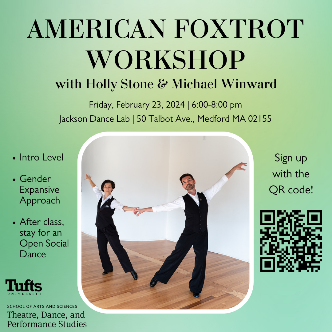American Foxtrot workshop poster with event information and photo of instructors holding hands