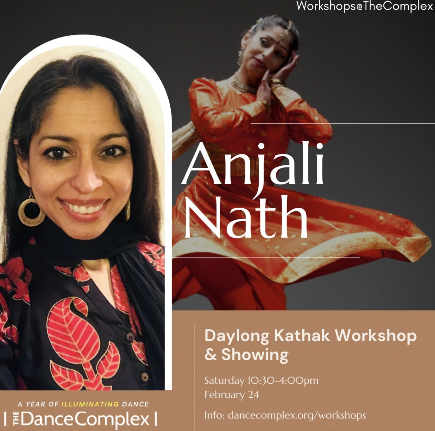 Poster of workshop with Anjali's headshot and a photo of her dancing kathak in the background.