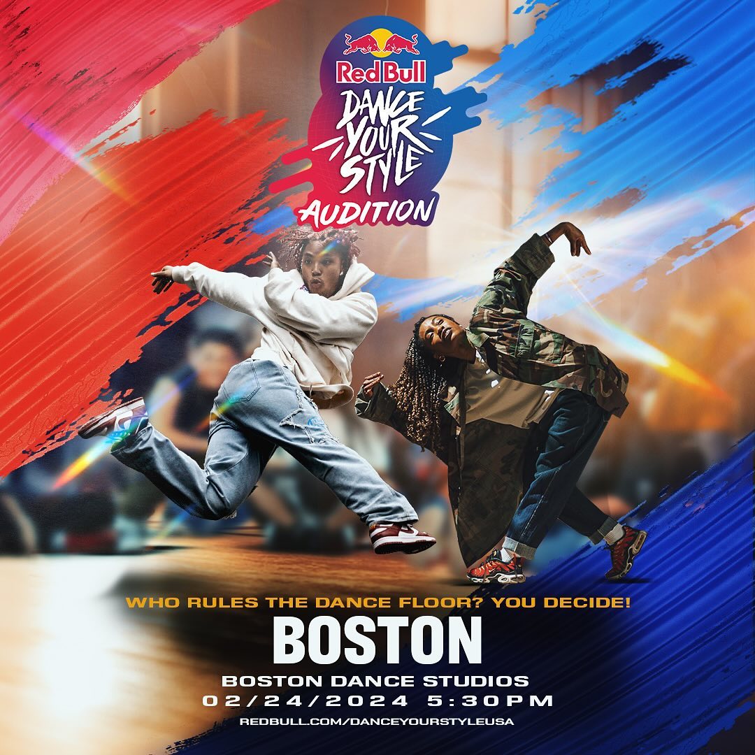 Promotional graphic with photo of two dancers in twisted positions.