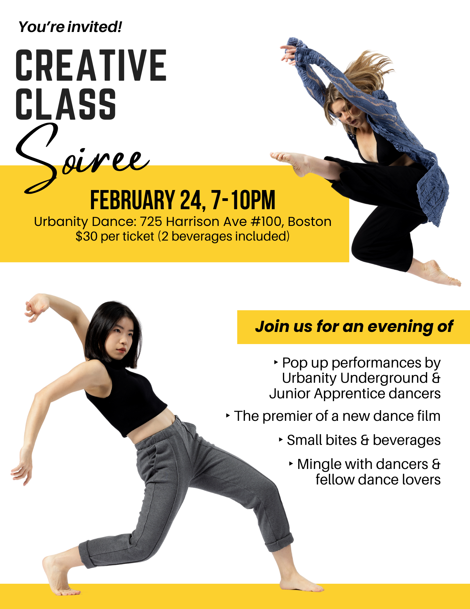 Soiree poster with event information and two photos of dancers: one jumping with one leg bent and one leg straight; the other in a lunge reaching arms past their back.